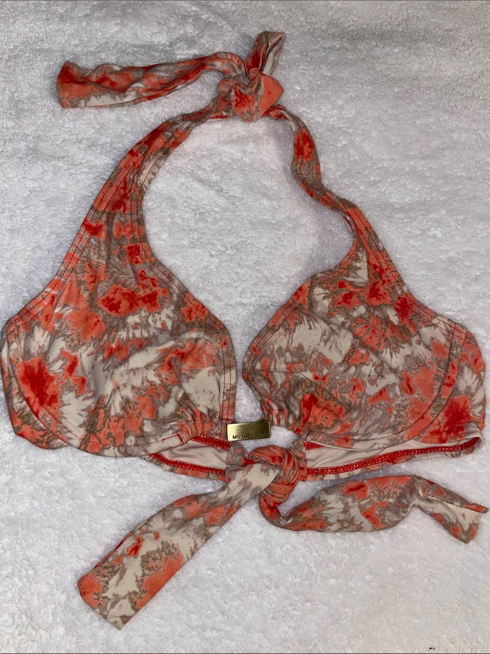 Michael Kors Coral and Beige Halter Bikini Top